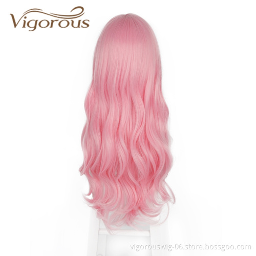 Inclined Bangs Heat Resistant Natural Wholesale Cheap Price Pink Crazy  Long Body Wave Cosplay For Party Synthetic Wigs